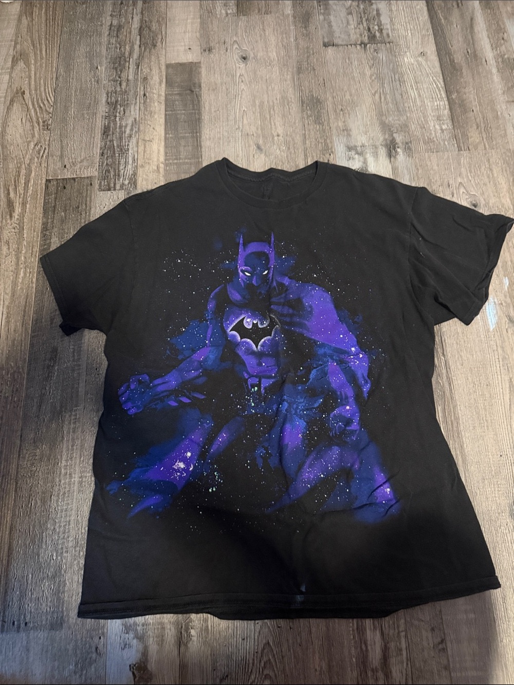 Black Batman Graphic Tee with Purple Galaxy Print